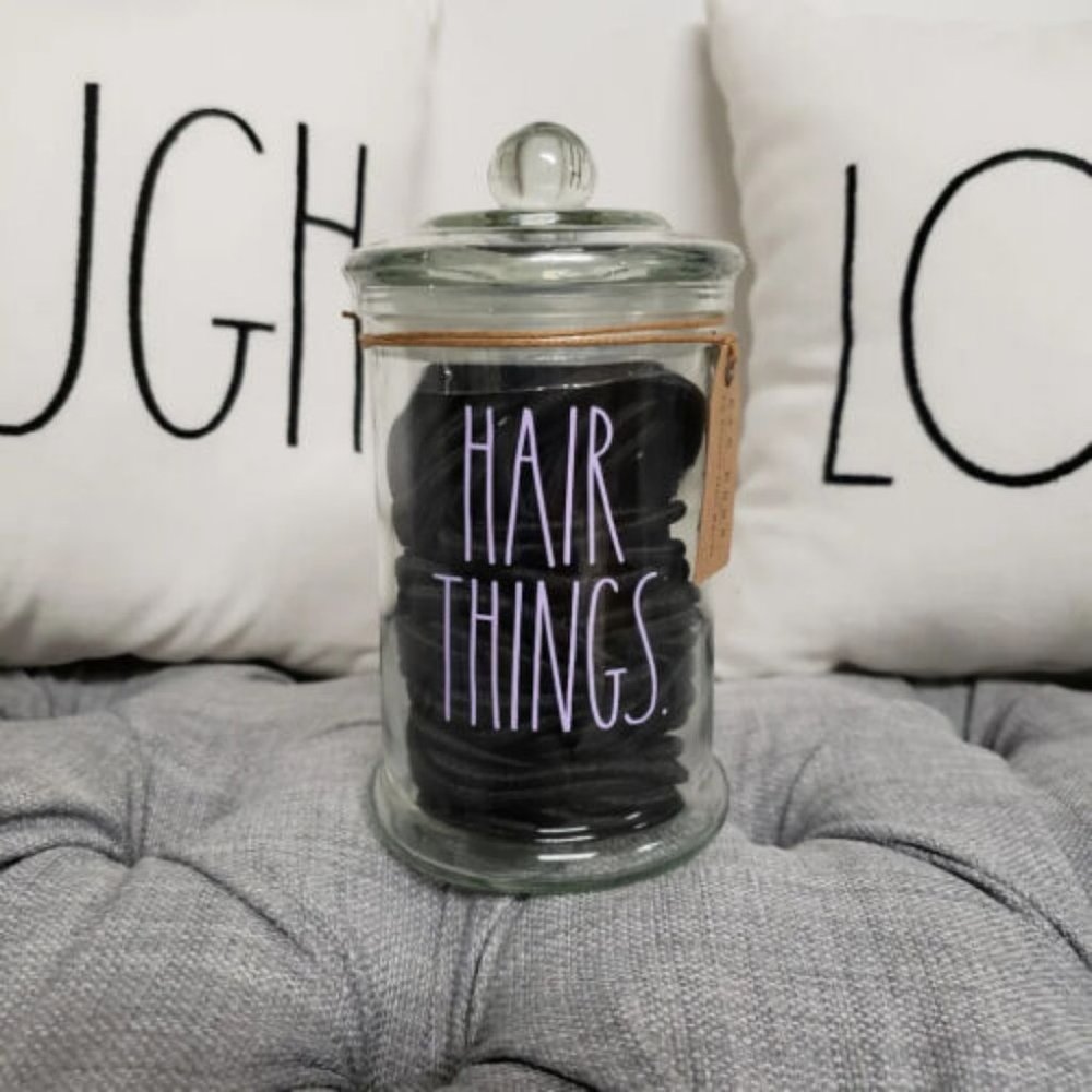 Rae Dunn glass jar with lid & 70 elastic hair bands